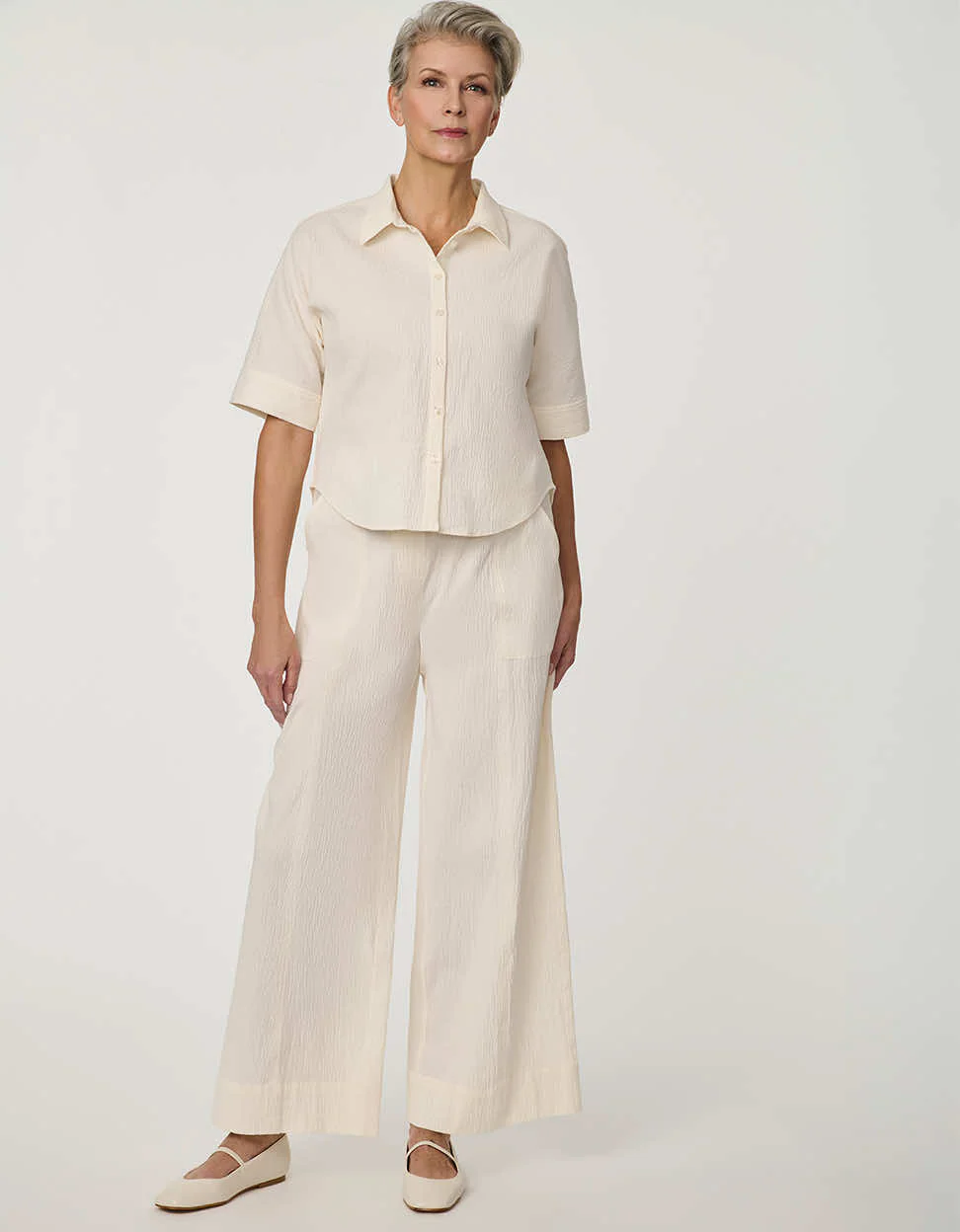 Dolman-Sleeve Seersucker Button-Up Shirt