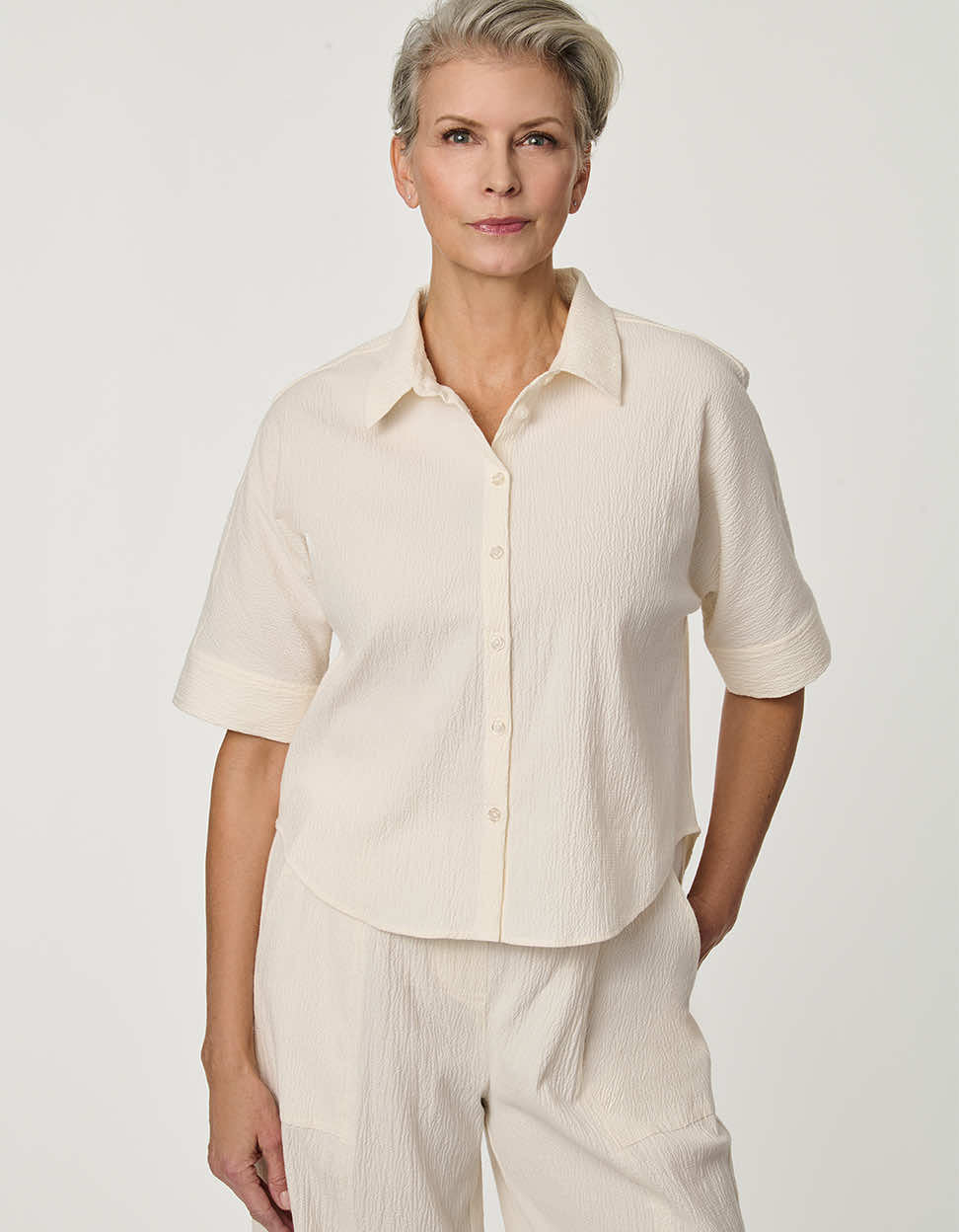 Dolman-Sleeve Seersucker Button-Up Shirt - Image 2