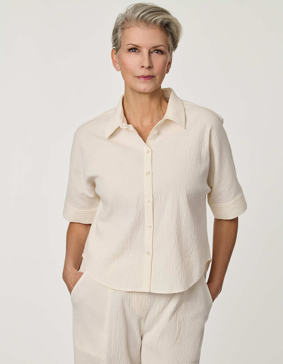 Dolman-Sleeve Seersucker Button-Up Shirt - Image 3