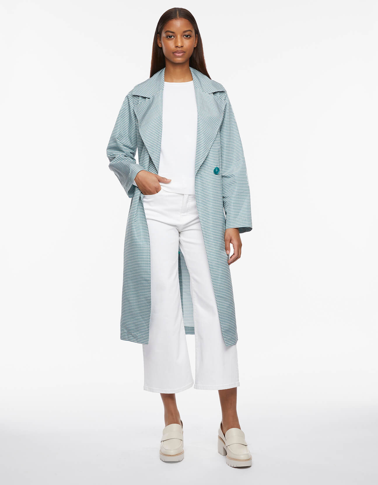 Houndstooth Belted Long Rain Coat